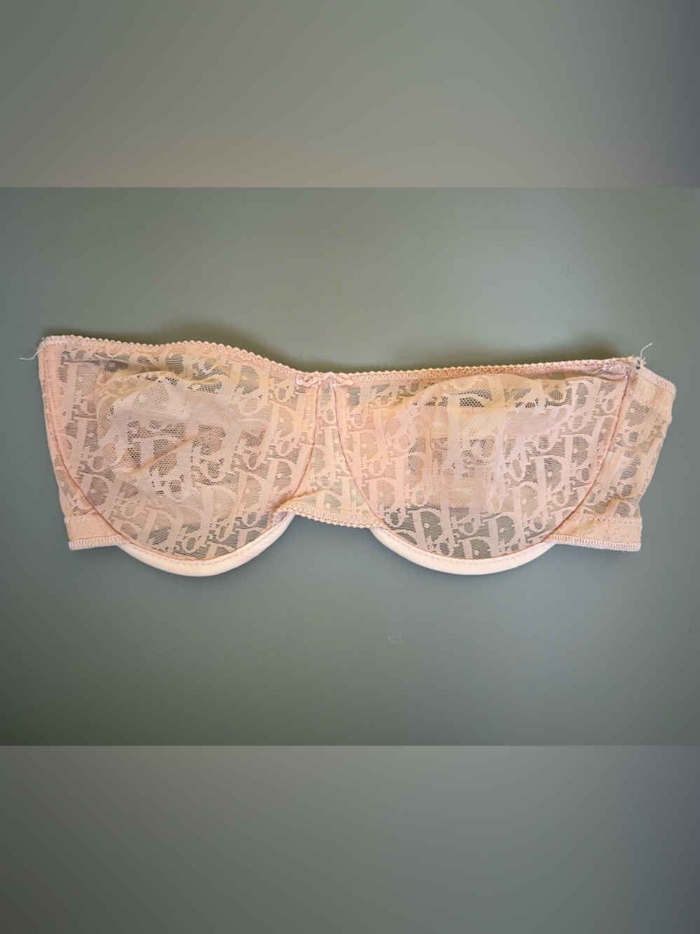 Vintage Christian Dior Beige Lace Strapless Underwire Bra with Monogram